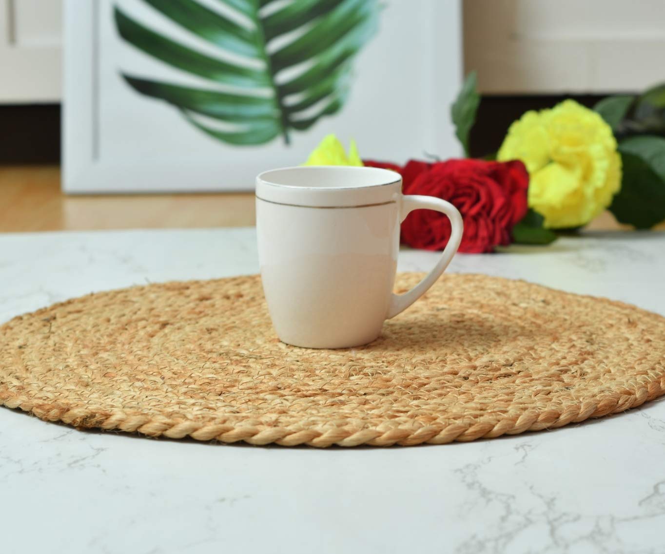 LaVichitra Braided Jute Placemats 35 Cm Round - Dining Table, Bed Side/Centre Table/Shelves -Natural/Beige - 5 Piece